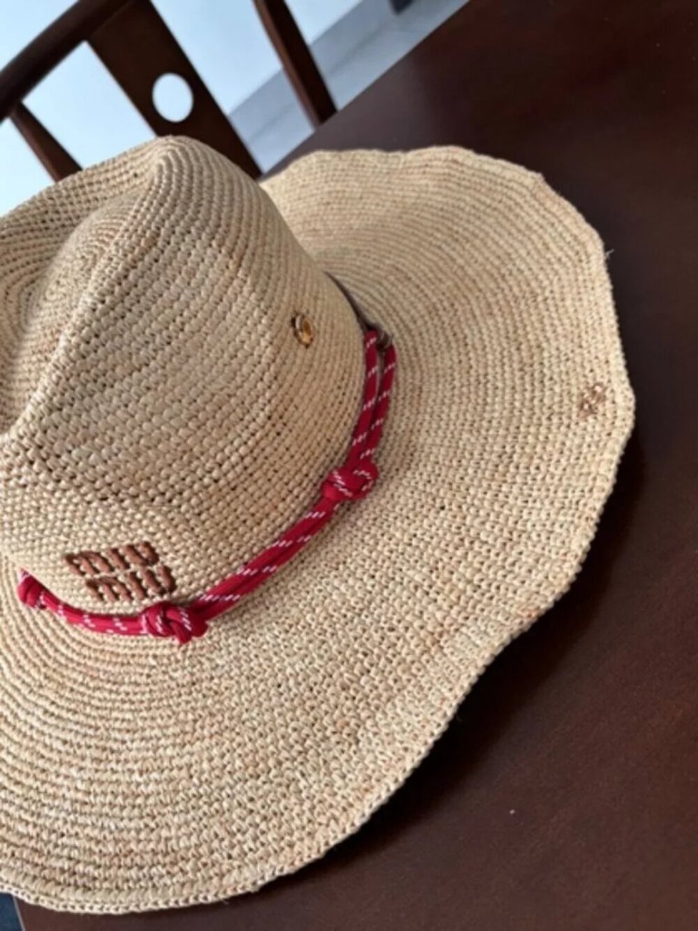 Miu Miu Raffia Straw Cowboy Sun Hat Woven Wide Brim Red Cord Logo - Picture 3 of 8
